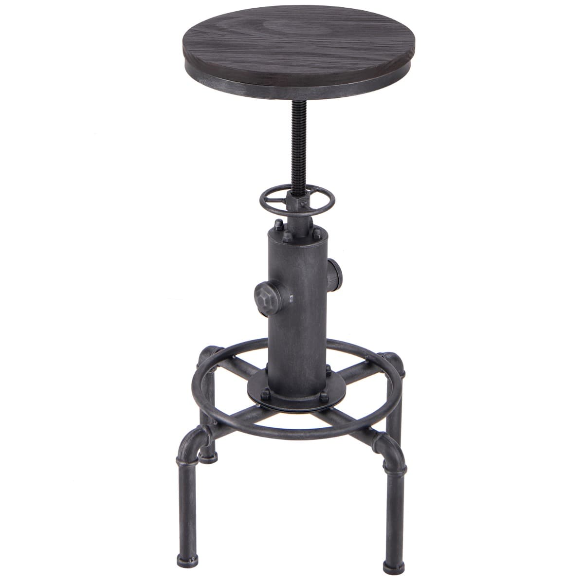 Tabouret de Bar Style Industriel Vintage Hauteur Réglable 60-75cm avec Repose-Pied et Siège Rond à 3