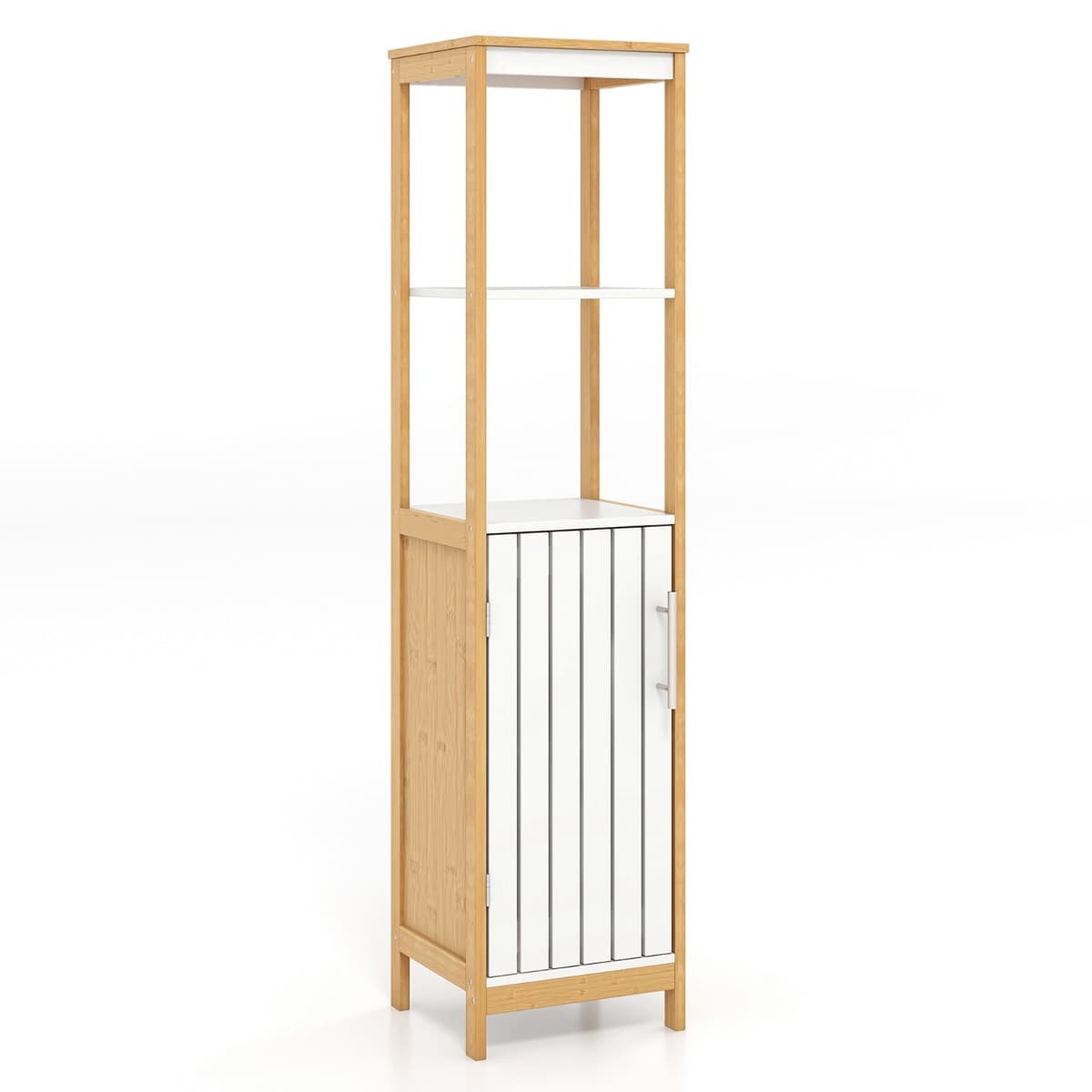 Meuble Colonne de Salle de Bain Armoire Haute de Rangement en Bambou avec Porte à Lattes Étagère Rég