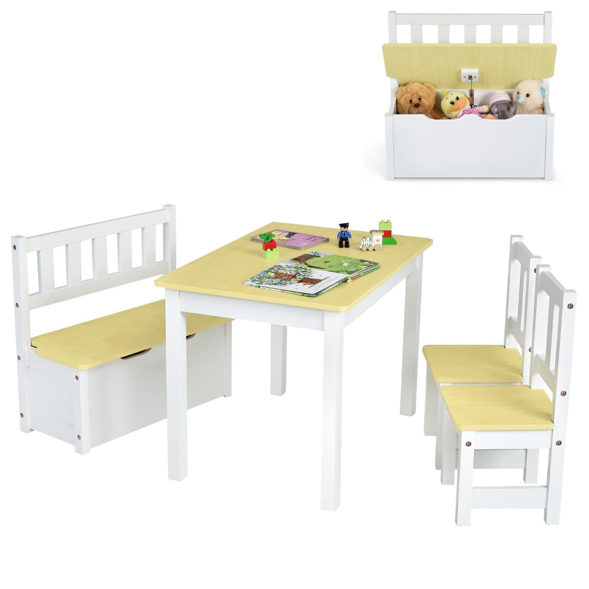 CostwayEnsemble de Table et Chaises pour Enfant avec Table 2 Chaises et Banc de Rangement 2 en 1 pour Étudier et Manger Naturel
