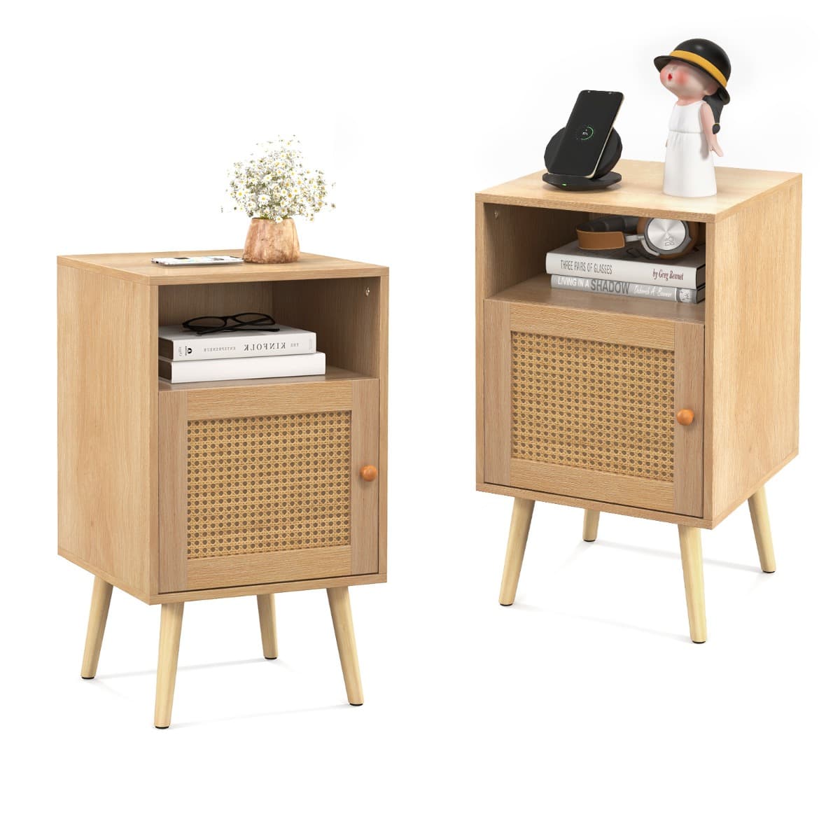 Lot de 2 Tables de Chevet avec à Porte Cannage et Pieds en Bois Massif Table de Nuit Bohême Fermetur